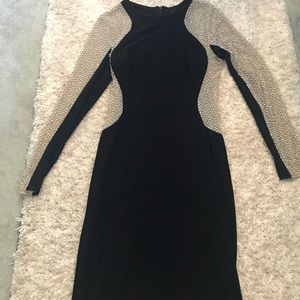 Xscape rhinestone long sleeve black dress